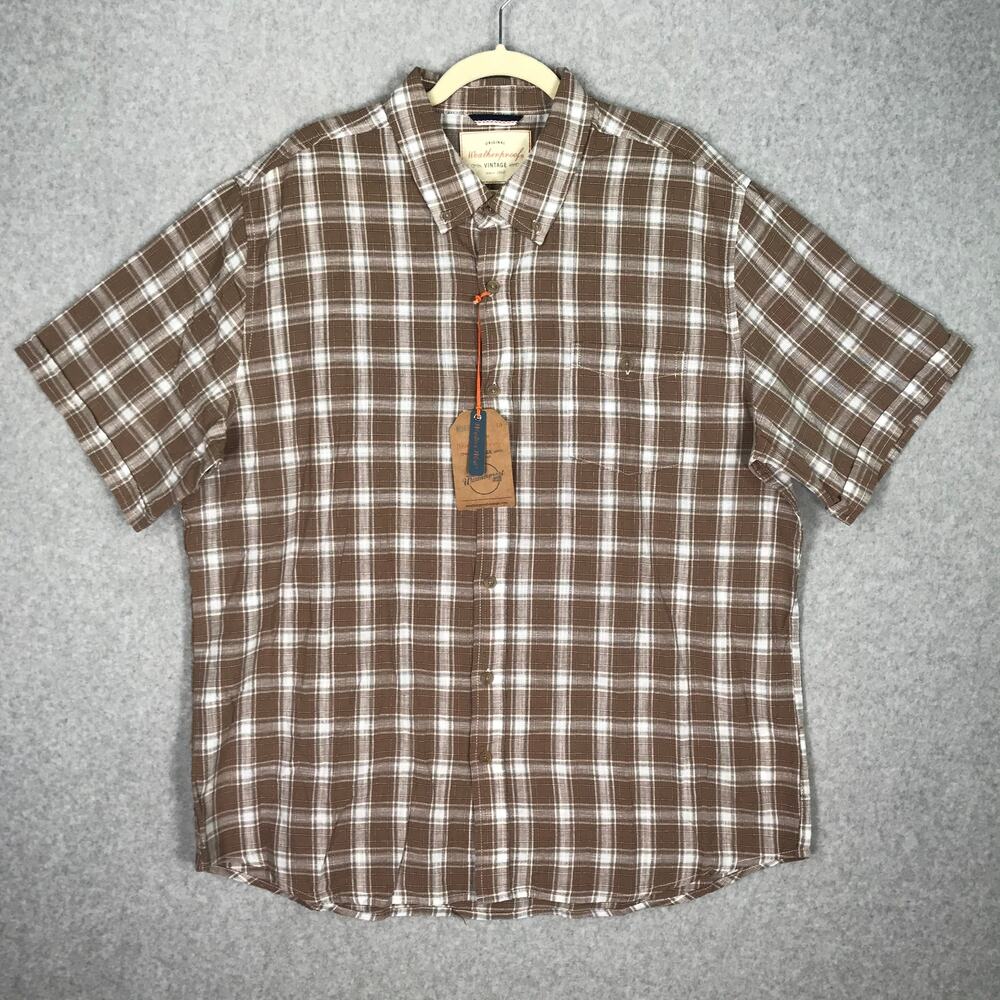 Weatherproof Vintage Shirt Men XXL Brown Button Plaid Casual Classic 100% Cotton